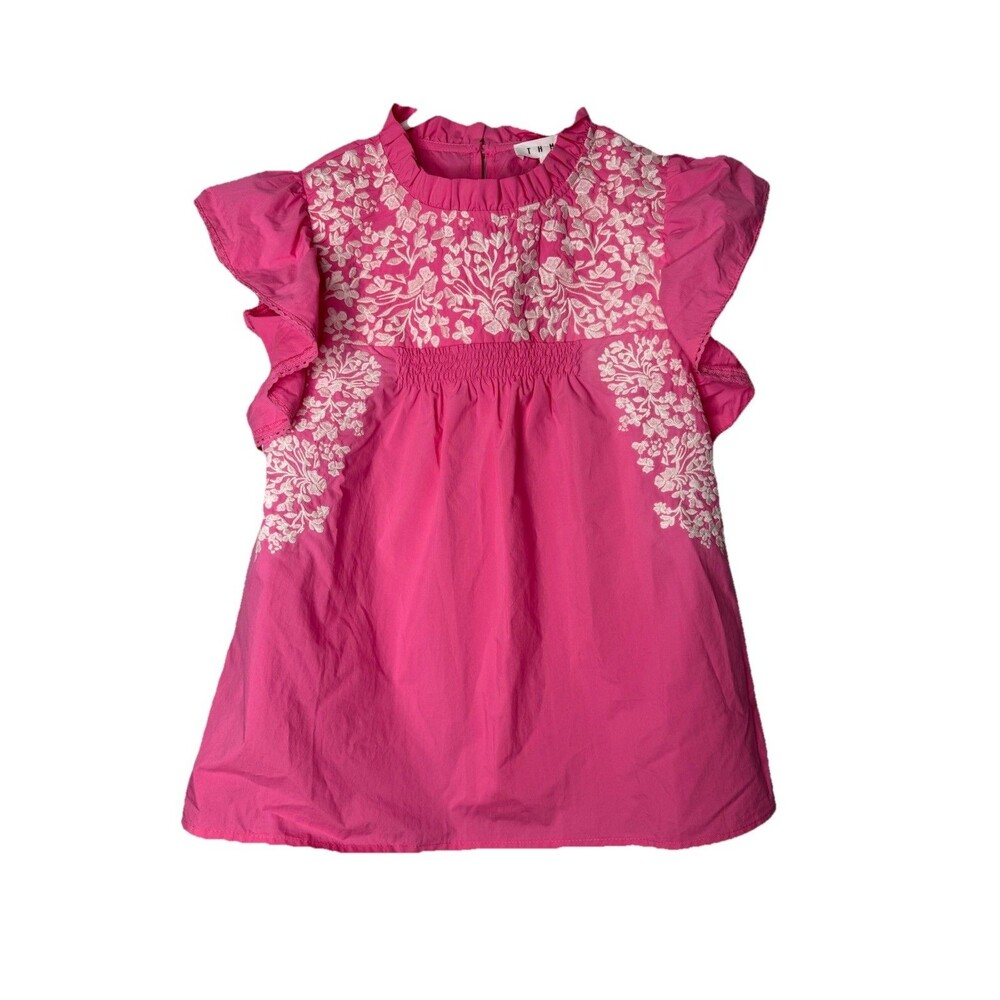 NWT THML Pink Floral Embroidered Ruffle Sleeve Blouse Size Medium